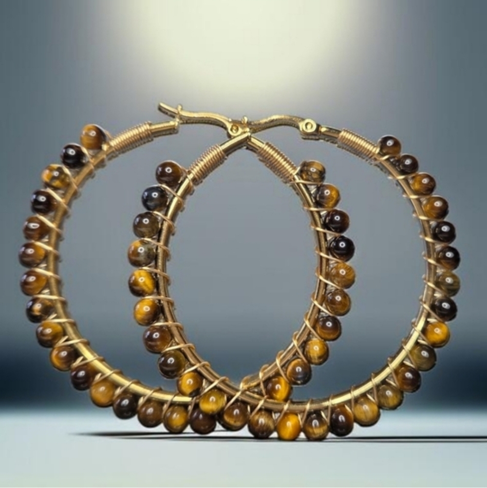 18k Gold Plated Tigers Eye Stone Oversized 2" Bead Hoops